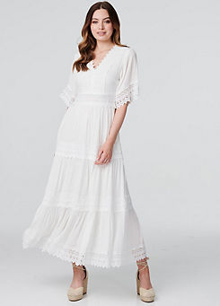 White Short Sleeve Crochet Maxi Dress by Izabel London