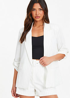 White and Black Pinstripe Ruched Sleeve Tailored Blazer by Quiz
