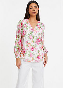 White and Pink Floral Chiffon Wrap Long Sleeve Blouse by Quiz