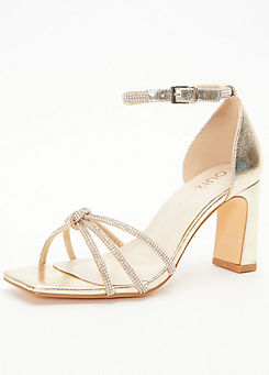 Wide Fit Gold Diamante Knot Front Block Heeled Sandals by Quiz