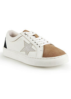 Wide Fitting White Leather Silver Glitter Star Trainers by Kaleidoscope