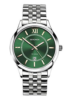 William Men’s Classic Silver Stainless Steel Bracelet with Green Dial Watch by Sekonda