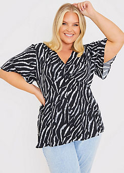 X Black Zebra Plunge Button Front Blouse with Shirred Cuffs by In The Style