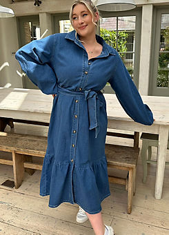 X Blue Denim Belted Tiered Midaxi Shirt Dress by In The Style