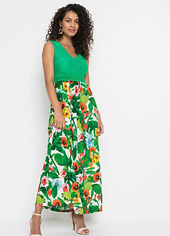 bonprix Lace Bodice Tropical Print Maxi Dress