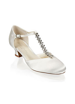 ’Alva’ Ivory Satin Crystal T-bar Low Heel Court Shoes by Paradox London