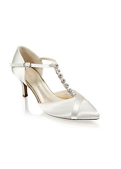 ’Anika’ Ivory Satin Mid Heel Crystal T-bar Court Shoes by Paradox London