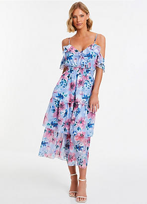 Blue Floral Scuba Sleeveless Midi Dress with Dip Hem by Quiz