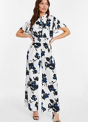 Cream Black Floral Print Midi Shirt Dress with Tie Waist Belt by Quiz Look Again