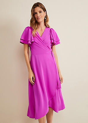英国発【Phase Eight】Lucinda フィット フレアーハイロードレス Purple Floral Chiffon Midi Dress With High Neck | Phase