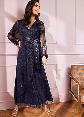 Navy Embellished Long Sleeve Maxi Dress by Quiz Look Again