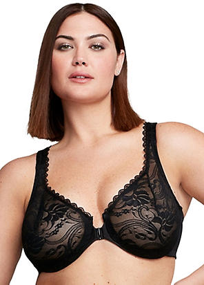 Full Figure Wonderwire Front Close Stretch Lace Bra with narrow