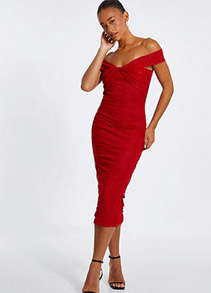 Bardot ruched glitter midi dress best sale