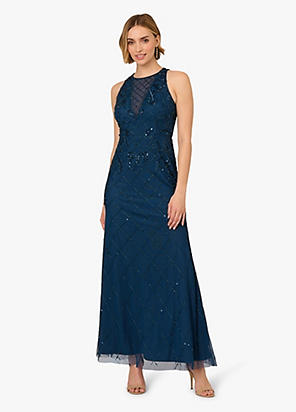 【海外限定】AdriannaPapell ドレス☆Studio Bead Mesh Godet Dr Adrianna Papell Studio Bead Mesh Godet Dress, Navy/Rose Gold