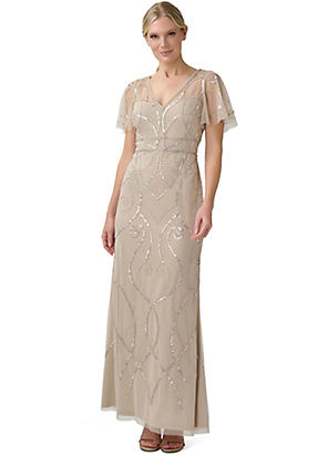 beaded column gown with mock neckline