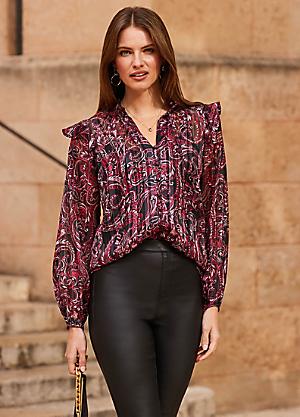 Print Stud Detail Belted Kimono Sleeve Satin Top by Star by Julien  Macdonald