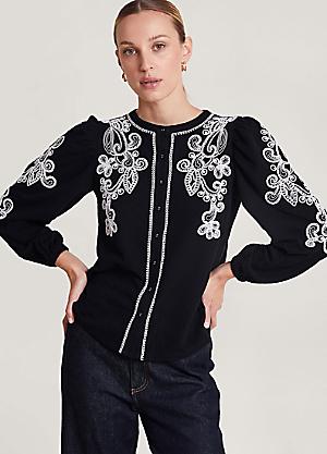 Black Floral Embroidered Mesh Jersey Shirt by Sosandar