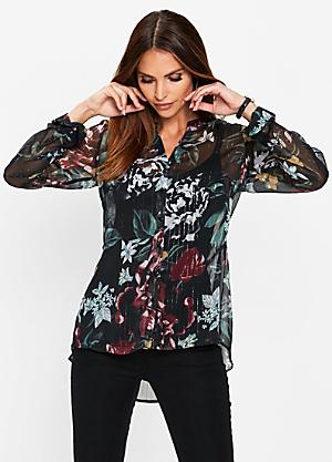 Bonprix Ladies Black Floral Print Top t-shirt Size 12/14 BRAND NEW