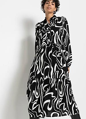 White & Black Geometric Print Midi Shirt Dress