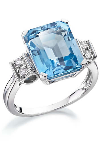 9ct White Gold Diamond Emerald Cut Blue Topaz Ladies