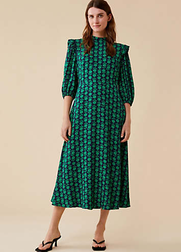 Belen Puff Sleeve Dress in Green Floral Print with Ruffle Detail by Finery Look Again