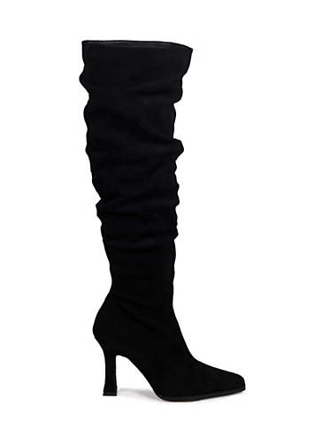 Long black suede boots with clearance heel