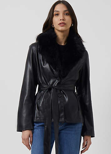 Buy Sosandar Black Faux Fur Leather Puff Sleeve Jacket from the