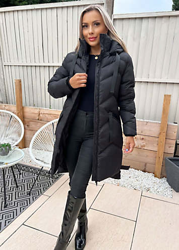 Ax Paris Black Padded Long Puffer Coat Black Hooded Long Line