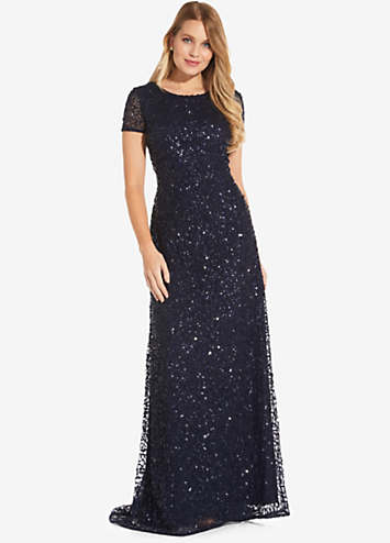 Adrianna papell scoop back sequin gown with store three quarter sleeves