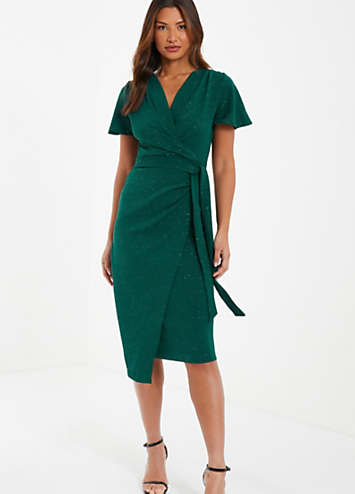 Bottle Green Glitter Angel Sleeve Midi Wrap Dress by Quiz Look Again