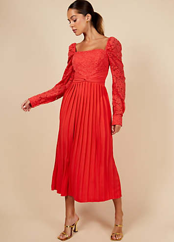 Coral Lace Pleated Hem Midi Dress by Little Mistress Look Again