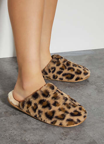 Anna-Kaci Lounge Women's Plush Leopard Print Faux Fur Mule Slippers with Cushioned Footbed