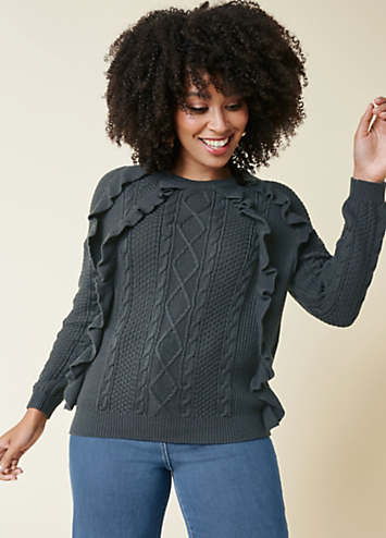 Green Cable Knit Frill Jumper by Kaleidoscope | Look Again