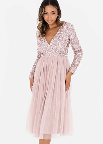 maya embellished wrap long sleeve midi dress