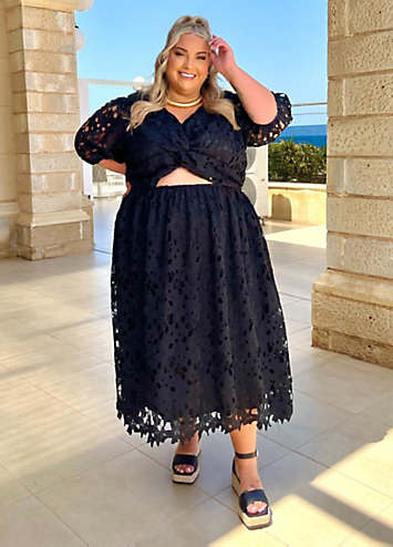 Jess Millichamp Black Lace Twist Front Puff Sleeve Midi Dress by In The Style Look Again