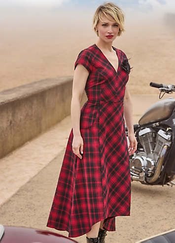 Lace Up Tartan Check High Low Maxi Dress with Corsage by Joe Browns Look Again