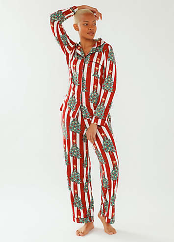 Ladies Stripe Christmas Tree Button Up Printed Long Pyjama Set by