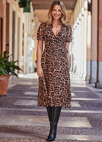 Leopard Print Mesh Wrap Jersey Dress by Sosandar Look Again
