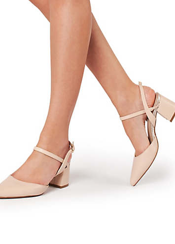 London ’Kendra’ Nude Mid Block Heel Ankle Strap Pointed Court Shoes by