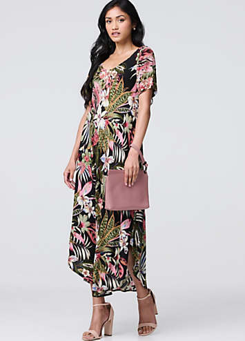 Multi Black Tropical Print Short Sleeve Maxi Dress by Izabel