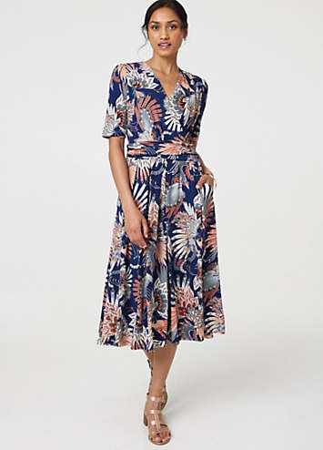 knee length dresses for ladies Blue Floral Short Sleeve Midi Dress - Casual Dresses
