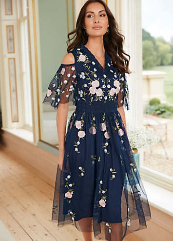 Navy Embroidered Cold Shoulder Dress by Together | Look Again