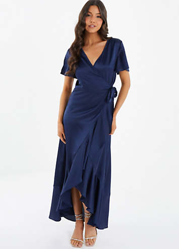 Navy Stain Wrap Frill Sleeve Maxi Dress by Quiz | Look Again