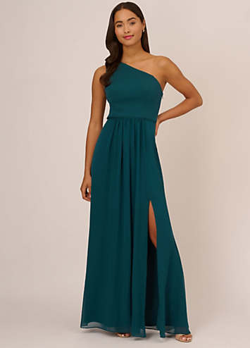 Long one shoulder crinkle chiffon dress sale