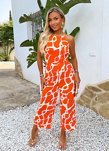 Orange Giraffe Print Strappy Racer Neck Jumpsuit by AX Paris