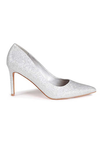 Overjoyed Silver Glitter Fabric Court Heeled Sandals by Linzi | Look Again