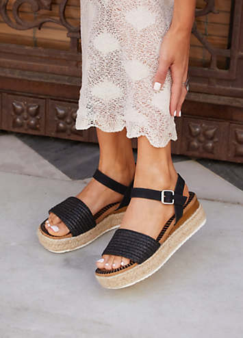 Panama Black Raffia Two-Part Espadrille Inspired Flatform Sandals