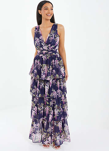 Quiz Navy Pink Floral Chiffon Wrap Tiered Maxi Dress Look Again