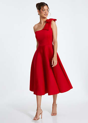 Red Scuba One Shoulder Bow Detail Skater Midi Dress by Quiz Look