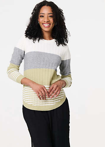 Sage Colourblock Textured Curve Hem Jumper by Izabel London Look - Main Image